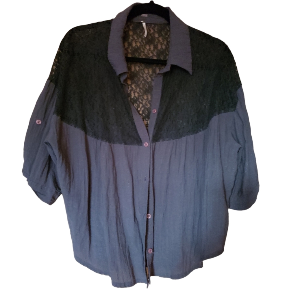 FREE PEOPLE SWING BUTTON DOWN TOP MIXED MEDIA LACE SEMI CROPPED LOOSE